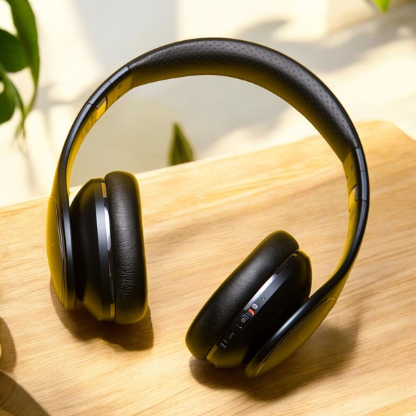 Wireless headphones: Styled tabletop background